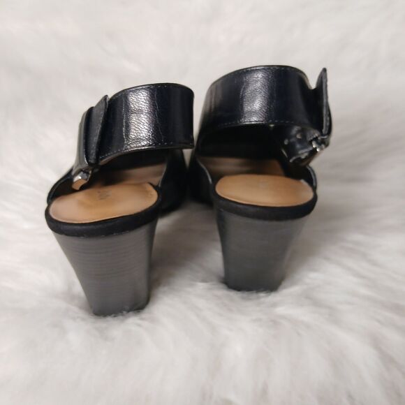 NINE WEST BLACK LEATHER OPEN TOE HEELS W/ CROSS OVER BUCKLE STRAP SIZE 8 1/2 - Picture 8 of 16